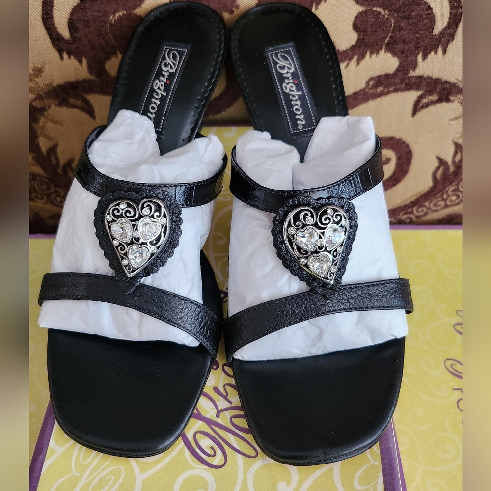 Brighton Black Heart-Embellished Leather Slide Sandals